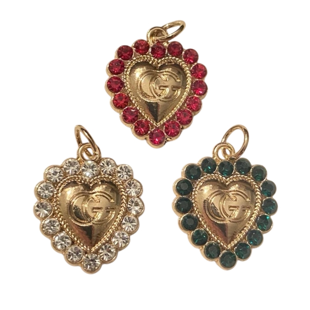 Gucci Gold Heart Pendant with Red, Green, Or Silver Crystals CHOOSE 1